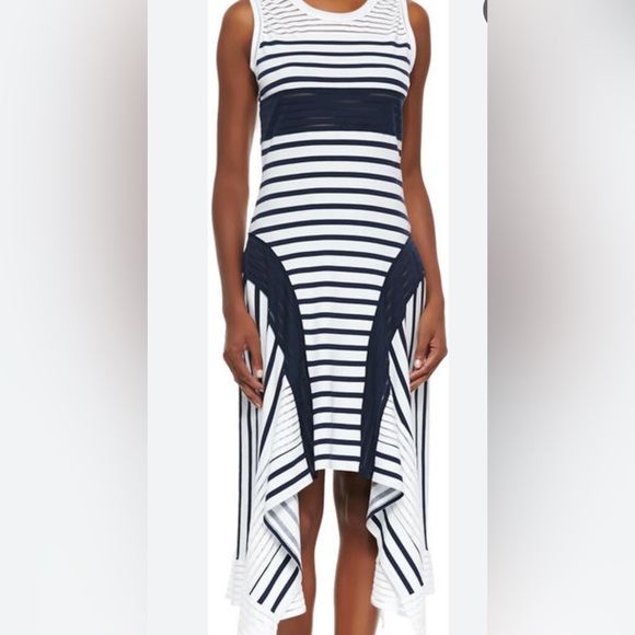 JEAN PAUL GAULTIER NAVY/WHITE STRIPE HANDKERCHIEF HEM DRESS SEMI SHEER SIZE XS - Picture 6 of 7